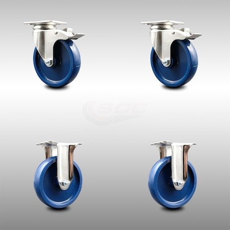 Service Caster 5 Inch 316SS Solid Polyurethane Swivel Top Plate Caster Lock Brake 2 Rigid, 2PK SCC-SS316TTL20S514-SPUS-2-R-2